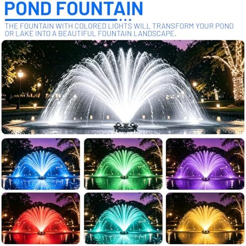 Pond Fountain Aerator with Lights,Pond Fountain with 4 RGB Lights,10 Light Modes,1HP 750W 110V 15000GPH,Stainless Steel Pump with 100FT Power Cord& Timer,Pond Fountains for Large Ponds,Lakes - Image 2
