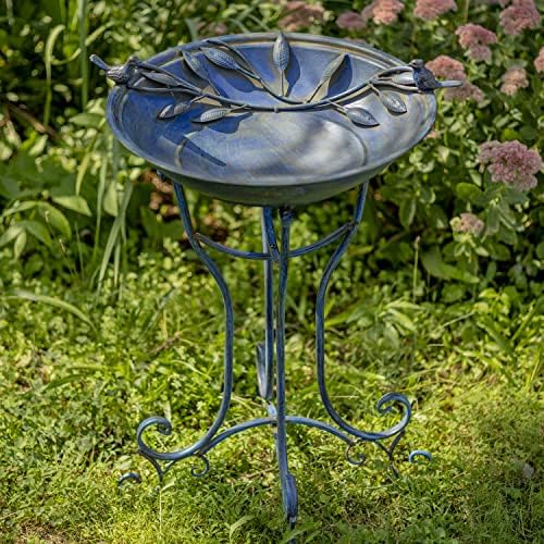 Zaer Ltd. Deep Well Made Metal Birdbath with 2 Cast Iron Birds and Leaf Decoration (Frosted Blue) - Image 6