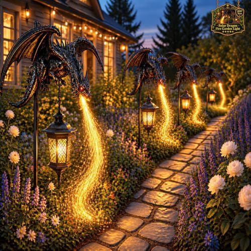 2027 New Solar Dragon Fire Garden Light, Dragon Garden Statue Stake with Breathing Fiber Optic Flame, Weatherproof Solar Outdoor Decor for Lawn, Pathway, Flower Bed & Patio by Unknown