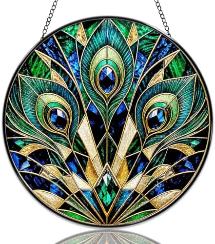 Stained Glass Window Hanging Peacock Feather Art Sun Catchers Elegant Peacock Glass Suncatchers Decorative for Home Garden Outdoor & Indoor Colorful Gift 9.8 Inch by Unknown