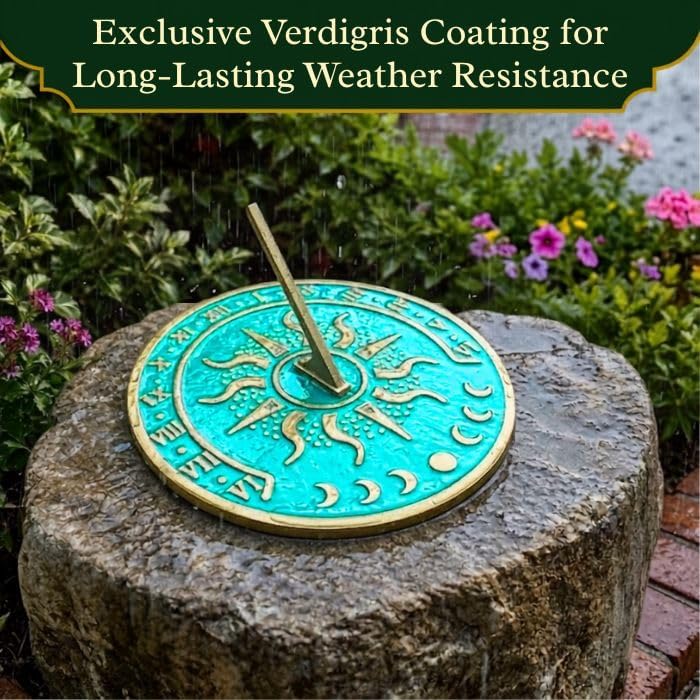 Renovators Supply Manufacturing Solstice Brass Sundial Blue Verdigris Finish 10" Dia Vintage Sun Dial Garden Or Lawn Clock Compass NESW Plaque Round Patio Outdoor Compass Sundials for Yards - Image 5