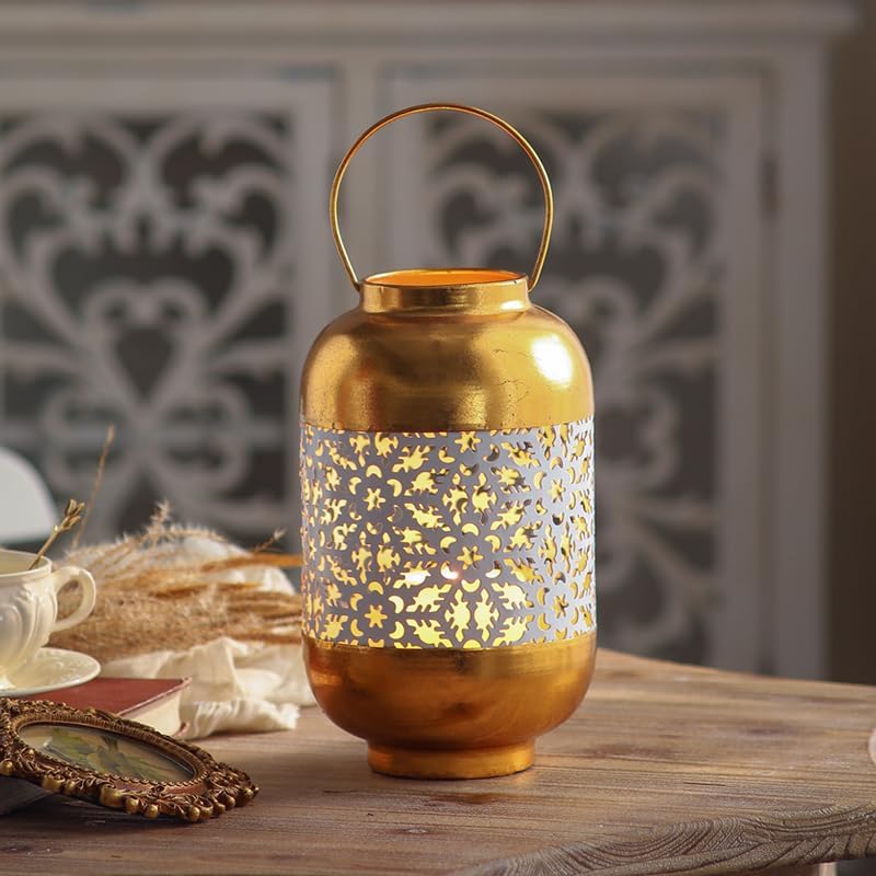 Moroccan Style Gold Metal Candle Lantern with Handle - Image 7