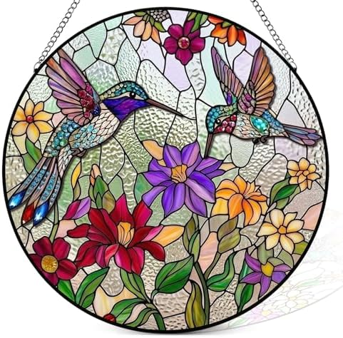 Window Hanging Suncatcher | 3D Embossed Stained Glass Hummingbird & Flowers Design | Diamond Glass Rainbow Catcher with Crystal Chime & Cat Hook Gift Set -Large by Unknown