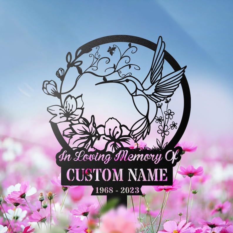DINOMAN Personalized Memorial Plaques for Outdoors Floral Hummingbird Grave Marker Metal Garden Stakes Hummingbird Mom Dad Memorial Gifts Sympathy Gifts for Loss of Loved One (Floral Hummingbird) - Image 2