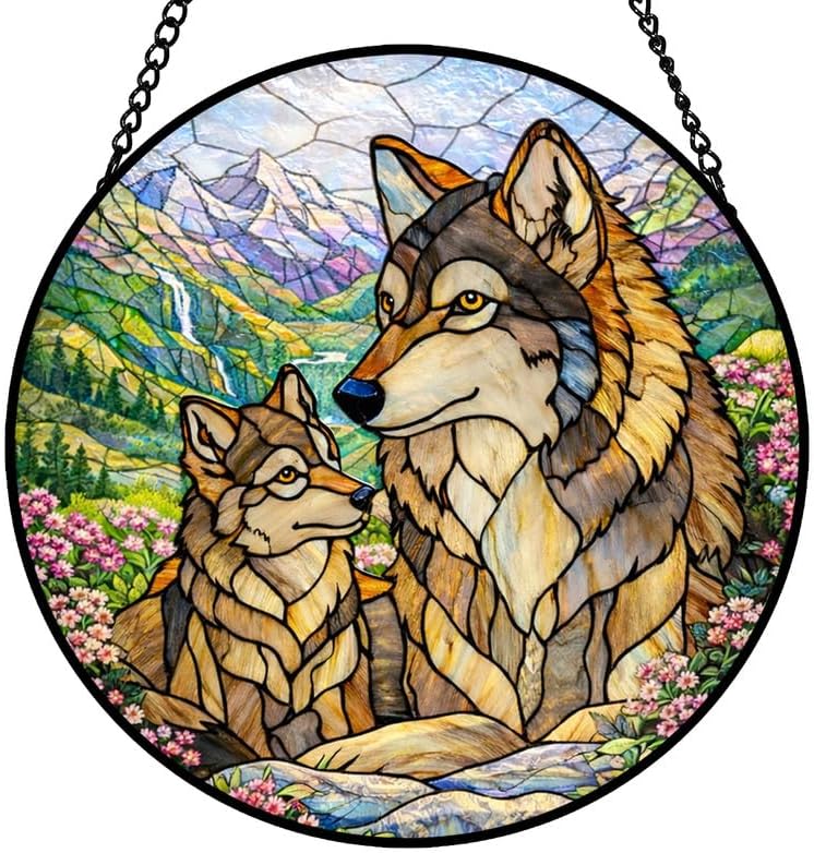 Stained Glass Window Hanging Suncatcher 11.8 in Wolf Family Colorful Glass Panel Sun Catcher for Window,Nature Mountain Landscape Window Hanging Decor for Home,Housewarming Gift by Unknown