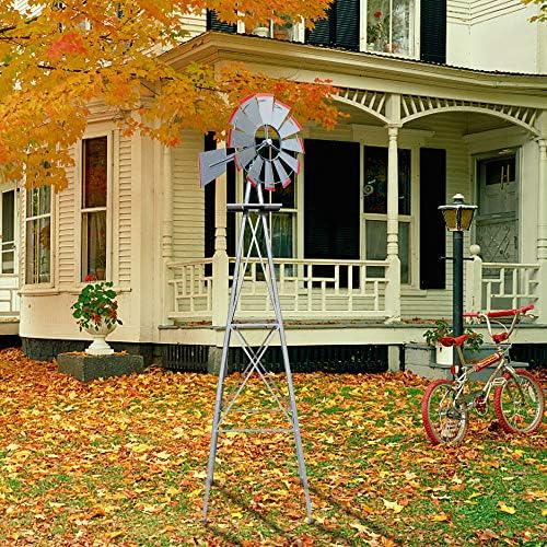 VINGLI 8FT Ornamental Windmill Backyard Garden Decoration Weather Vane, Heavy Duty Metal Wind Mill w/ 4 Legs Design (Grey) - Image 2