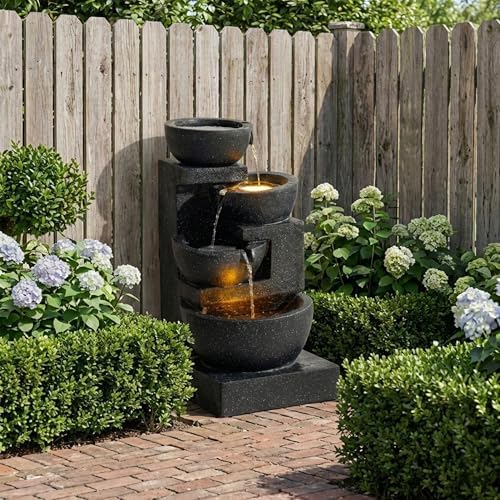 29" H Terrazzo Style Outdoor Water Fountain, 4-Tier Cascading Bowls with Stacked Stone Design and LED Lights, Freestanding Resin Water Feature for Garden Patio Porch - Image 4