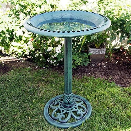 Alpine Corporation TEC116 Outdoor Aged Green Pedestal Birdbath with Scrollwork, 28" Tall, Green - Image 2