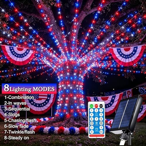 Red White and Blue Solar Lights, 800 LED 335ft Patriotic Solar Lights Outdoor, with Reel Design 8 Modes Auto On/Off Remote IP65 Waterproof,4th of July Light for Patio Garden Tree Decor - Image 7