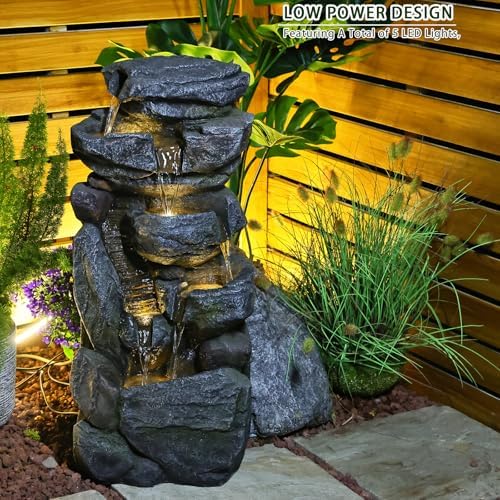 Bumilgar Water Features Outdoor Patio 6-Tier Cascading Rock Water Fountain 31.5''Water Fall Fountain Outside Resin Fountain with Light Mossy Rock Floor Garden Fountain Indoor for Relaxation Home Decor - Image 4