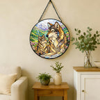 Stained Glass Window Hanging Suncatcher 11.8 in Wolf Family Colorful Glass Panel Sun Catcher for Window,Nature Mountain Landscape Window Hanging Decor for Home,Housewarming Gift - Image 5
