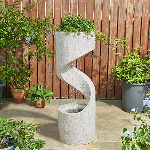 Glitzhome Outdoor Water Fountain with LED Light, Modren Curved Waterfall Fountain with Stone Planter, Faux Terrazzo Spiral Shaped Outdoor Fountains Water Feature for Garden Patio Deck Porch, 40.25”H by Glitzhome