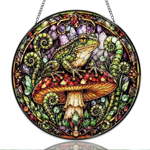 9.84 Inch Stained Glass Window Hanging Frog On Mushroom Sun Catchers Whimsical Nature Forest Animal Glass Art Suncatchers for Home Porch Garden Indoor & Outdoor Decor by Unknown