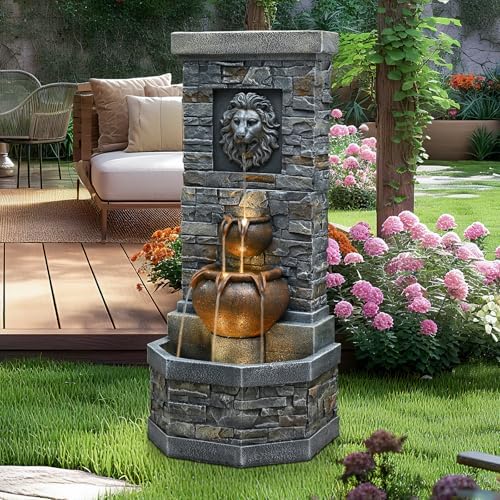 42'' 2-Tier Lion Head Outdoor Water Fountain with LED Lights for Garden - Image 5