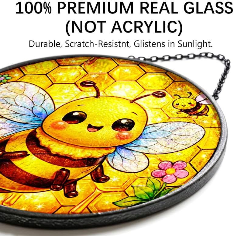 Stained Glass Window Hanging - 11.8" Cute Honey Bee and Honeycomb Suncatcher Glass Panel, Home Decorative Hanging Ornament for Kitchen or Garden, Ideal Gift for Mother, Wife or Women - Image 2