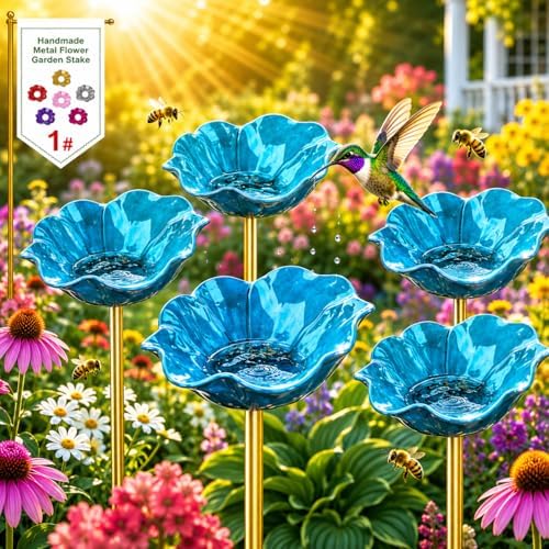 Metal Flower Garden Stakes, Mini Bird Bath and Bee Watering Station with Detachable Copper-Tone Stake, Shallow Alloy Flower Bowl for Garden Yard Patio Butterfly Puddler Decor Gift (Blue, 3 Pcs) by Unknown