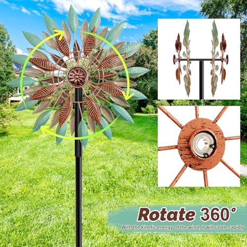 Wind Spinners Outdoor, 360° Metal Windmills for Yard Garden Art Decor, Kinetic Wind Sculptures with 5 Stake for Lawn Patio Outside Ornaments, 13.7" W x 64.3" H (Green+Brown) - Image 2