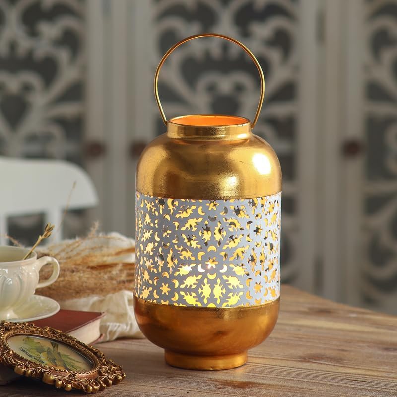 Moroccan Style Gold Metal Candle Lantern with Handle - Image 4