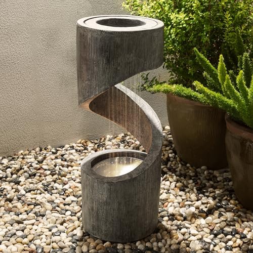 Glitzhome Outdoor Fountain with LED Light, Spiral Water Fountain Outdoor with Stone Planter, Modern Curved Waterfall Fountains Water Feature for Garden Patio, 31.3”H - Image 2
