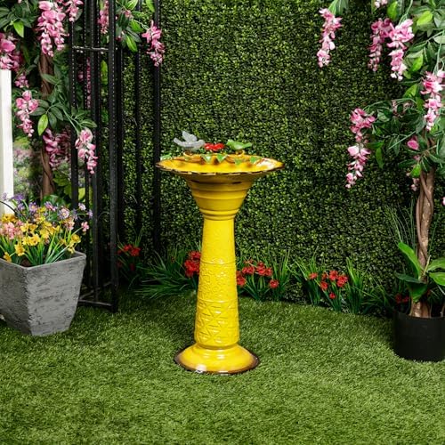 Alpine Corporation ORS112YL Vintage Metal Pedestal Birdbath with Stand, Shallow Bird Bath Bowl for Outside, 28" H, Yellow - Image 2