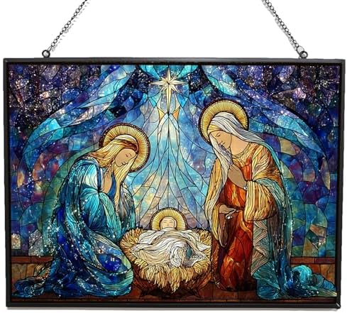 Rectangle Religious Christmas Nativity with Star Stained Glass Window Hanging Customized Suncatcher Glass Panel with Metal Chain Sun Catchers Wall Art Home Decor Gift for Women by HYPESTYLE
