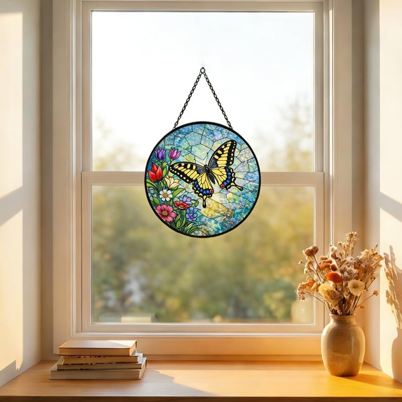 Stained Glass Window Hanging Suncatcher 11.8 in Butterfly and Wildflower Design Colorful Glass Panel Sun Catcher for Window,Window Hanging Decor for Home,Housewarming Gift - Image 2