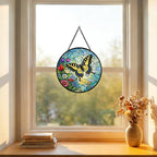 Stained Glass Window Hanging Suncatcher 11.8 in Butterfly and Wildflower Design Colorful Glass Panel Sun Catcher for Window,Window Hanging Decor for Home,Housewarming Gift - Image 2