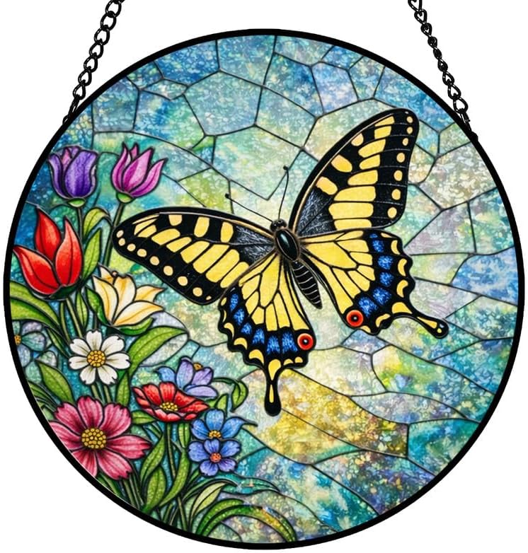 Stained Glass Window Hanging Suncatcher 11.8 in Butterfly and Wildflower Design Colorful Glass Panel Sun Catcher for Window,Window Hanging Decor for Home,Housewarming Gift by Unknown