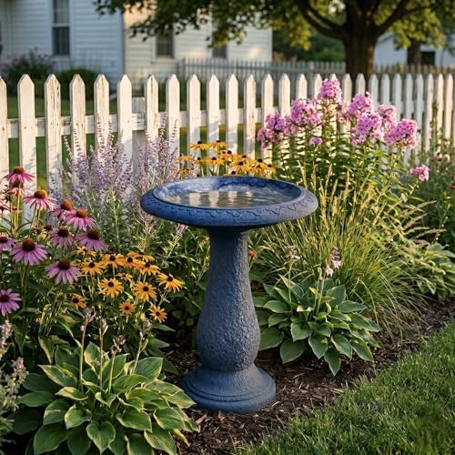 Pedestal Bird Bath Bowl 23 Inch Sea Blue - Stone-Resin Composite Bird Baths for Outdoors - Decorative Standing Outdoor Garden Decor for Front Porch Patio Yard Backyard Lawn Ornament - Image 5