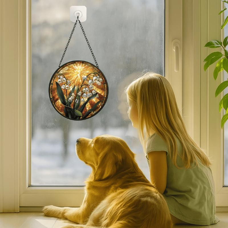 Stained Glass Window Hanging Lily of The Valley with Sunburst 11.8in Floral Sun Catcher, Vintage Rustic Home Decor - Image 3