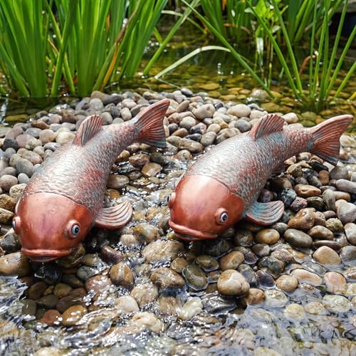 Set of 2 Antique Koi Statue - Resin Real Fish Garden Sculpture, Elegant Live Fish Pond Decor for Patio, Backyard,Unique Outdoor Ornaments - Image 5