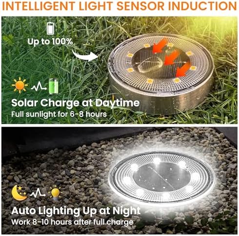 Siatom Stainless Steel Solar Ground Lights 8 Pack, IP68 Waterproof Solar In-Ground Light for Outdoor, Flat Landscape Lighting, Garden Disc Light for Pathway, Walkway, and Yard - 8 Pcs (Cold White) - Image 4