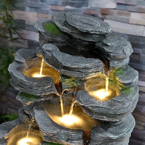 Rock Outdoor Water Fountain, 7 Tiered Waterfall Fountains with LED Lights, Floor Waterfalls Outside, Modern Cascading Flow Rock Fountain for Garden, Yard, Patio, Home Decor - Image 2
