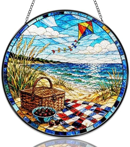 Stained Glass Window Hanging Beach Picnic Kite Landscape Sun Catchers Coastal Ocean Scene Suncatchers Decorative for Home Garden Outdoor & Indoor Colorful Gift 9.8 Inch by Unknown