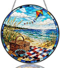 Stained Glass Window Hanging Beach Picnic Kite Landscape Sun Catchers Coastal Ocean Scene Suncatchers Decorative for Home Garden Outdoor & Indoor Colorful Gift 9.8 Inch by Unknown