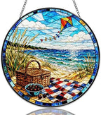 Stained Glass Window Hanging Beach Picnic Kite Landscape Sun Catchers Coastal Ocean Scene Suncatchers Decorative for Home Garden Outdoor & Indoor Colorful Gift 9.8 Inch by Unknown