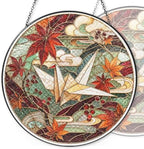 Stained Glass Window Hanging Origami Crane with Red Maple Leaves Sun Catchers Japanese Art Inspired Autumn Nature Style Suncatchers for Living Room Garden Outdoor Indoor and Home Decor (9.8x9.8 in) by Unknown