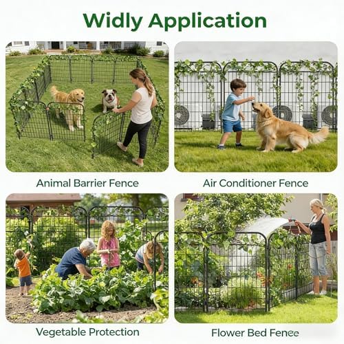 AMAGABELI 4 Panels 44 in(H )X 12 ft(L) Decorative Garden Fence Gate,Dog Fence Outdoor for Yard,Rustproof Tall Garden Fencing Animal Barrier Metal Wire Panel Border with Leaves for Flower Bed Black - Image 6