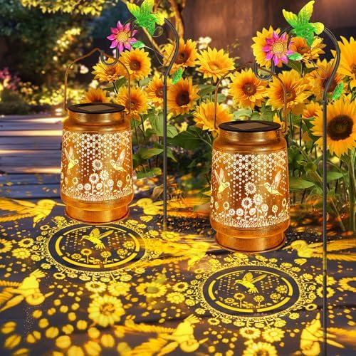 2 Pack Hummingbird Sunflower Solar Lanterns Outdoor with Shepherd Hook, Birthday Gift Mothers Day Gift for Women Mom Grandma Wife Daughter, Waterproof Hanging Lights, Decor for Yard Garden Patio Lawn by YJFWAL