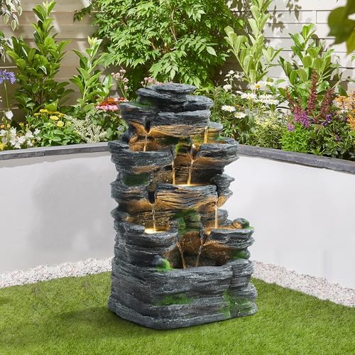 Rock Outdoor Water Fountain, 7 Tiered Waterfall Fountains with LED Lights, Floor Waterfalls Outside, Modern Cascading Flow Rock Fountain for Garden, Yard, Patio, Home Decor - Image 7