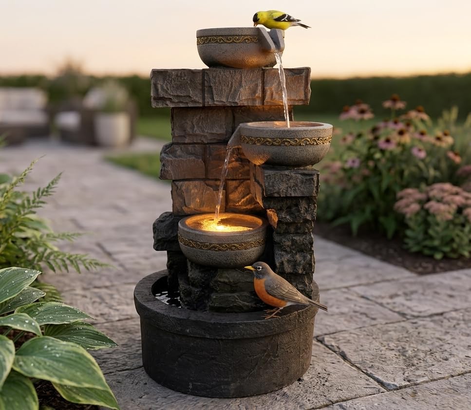 Cheng Pin 28'' Tall Outdoor Water Fountain, 3 Tiers Stacked Stones Cascading Bowl Fountain, Relaxing Waterfall Flow Water Feature for Garden Lawn Yard, Outdoor Decor by ChengPin
