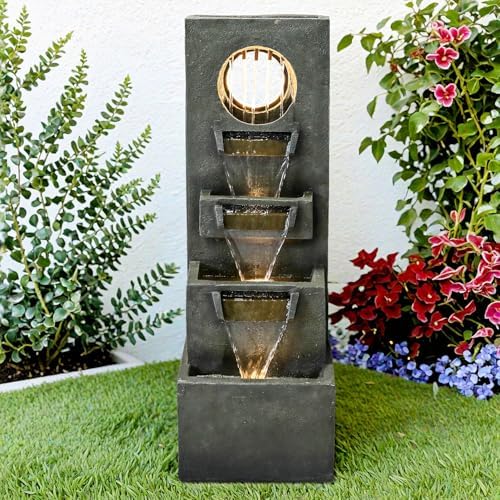 SunJet 39.3" Modern Cascading Indoor/Outdoor Fountains and Waterfalls with LED Lights - 4-Tier Larger Water Fountain for Garden, Patio, Yard, and Deck Decor - Relaxing Water Fountain Outdoor - Image 4