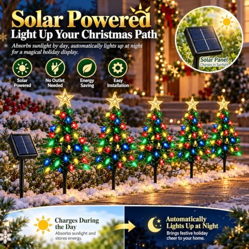 Solar Christmas Tree Pathway Lights, 5-Pack Strawberry LED - Image 5