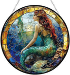 Mermaid Stained Glass Window Hanging Window Suncatcher 12" Glass Panel with Metal Chain Sun Catchers Wall Art Home Decor Gift for Women Mother's Day (12”x12”) by 365CUSGIFTS