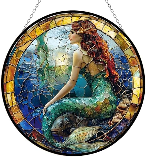 Mermaid Stained Glass Window Hanging Window Suncatcher 12" Glass Panel with Metal Chain Sun Catchers Wall Art Home Decor Gift for Women Mother's Day (12”x12”) by 365CUSGIFTS