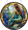 Mermaid Suncatcher Stained Glass Window Hanging Stained Glass Suncatchers Metal Chain Outdoor Garden Decor Gift for Women Christmas Thanksgiving (12”x12”) by 365CUSGIFTS