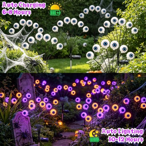 Halloween Decorations Outdoor, 6 Pack 36 LED Purple and Orange Solar Scary Eyeball Swaying Lights, Solar Firefly Light Waterproof Outdoor Lights for Halloween Yard Garden Party - Image 3