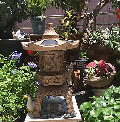 RAN 18.9in Tall Stone Pagoda Outdoor Statue, Waterproof Zen Japanese Lantern Garden Sculpture Solar Powered LED Light Outdoor Decor - Image 5