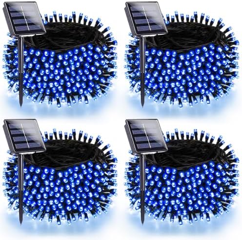 4 Pack 180FT Solar Christmas Lights Outdoor Waterproof, Super Bright 320 LED Solar String Lights with 8 Lighting Modes, Green Wire Solar Twinkle Fairy Lights for Outside Tree Xmas Party Garden(Blue) by SANJICHA