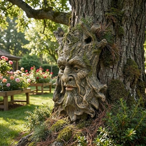 Tree Face Statue Outside Yard Outdoor Decoration, Fairy Tree Face Decor and Yard Decorations Clearance, Whimsical Wallmount Old Man Art with Moss, Fence Hanging Sculpture Orantments, 6.7" x x 9.8" - Image 5